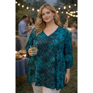 Teal Turquoise Sequin Embellished Tie Dye 1X Tunic Flowy Boho‎ Comfy Catherines